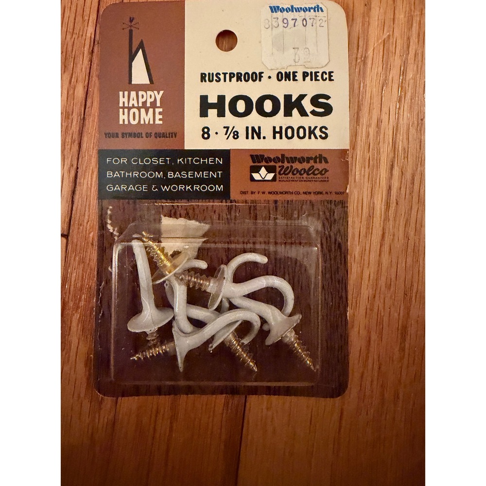 Vtg Happy Home Woolworth Woolco 7/8 In White Cup Hooks Rustproof 6 left out 8